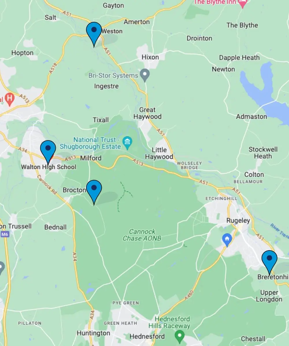 map of swimming lessons in Staffordshire 